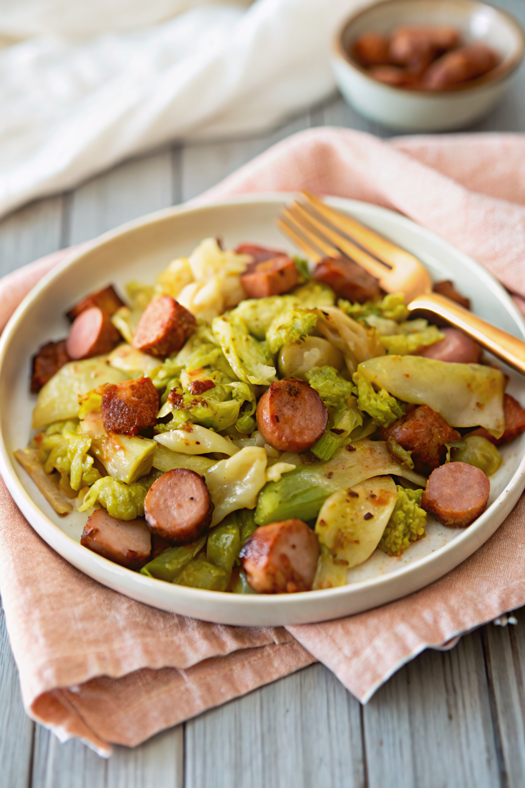 Cabbage Sausage Skillet ingredients organized and measured on kitchen counter