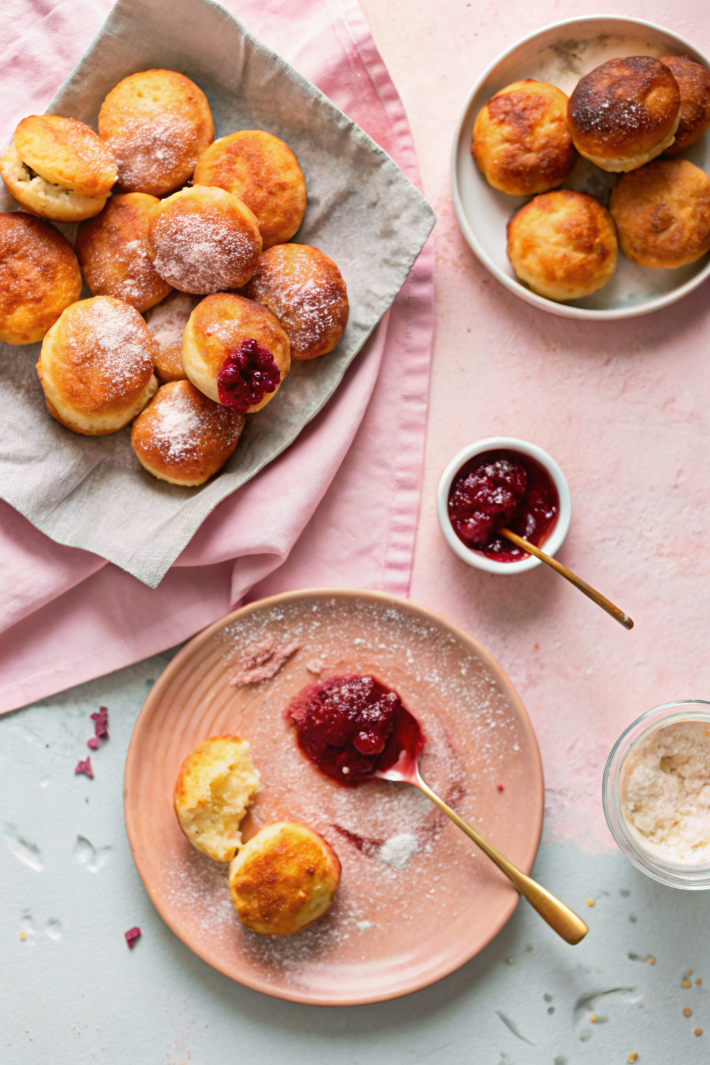 Jelly Donut Holes beautifully presented from an overhead angle