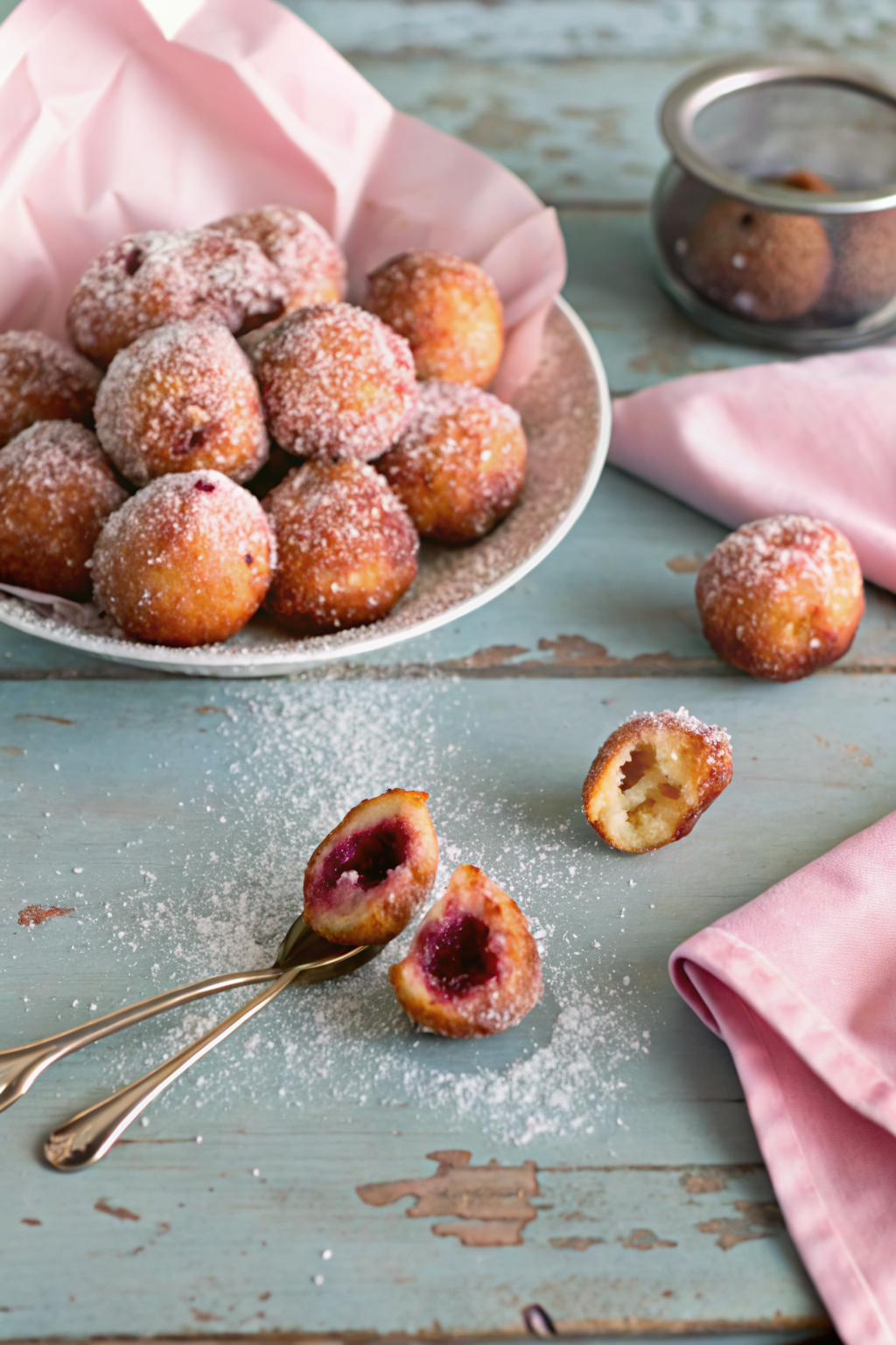 Jelly Donut Holes slice on plate showing perfect texture and swirl pattern