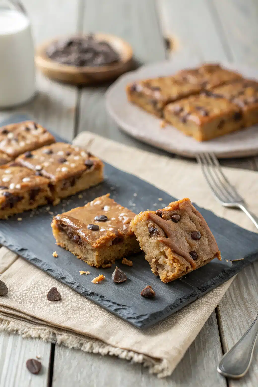 Caramel Chocolate Chip Cookie Bars ingredients organized and measured on kitchen counter