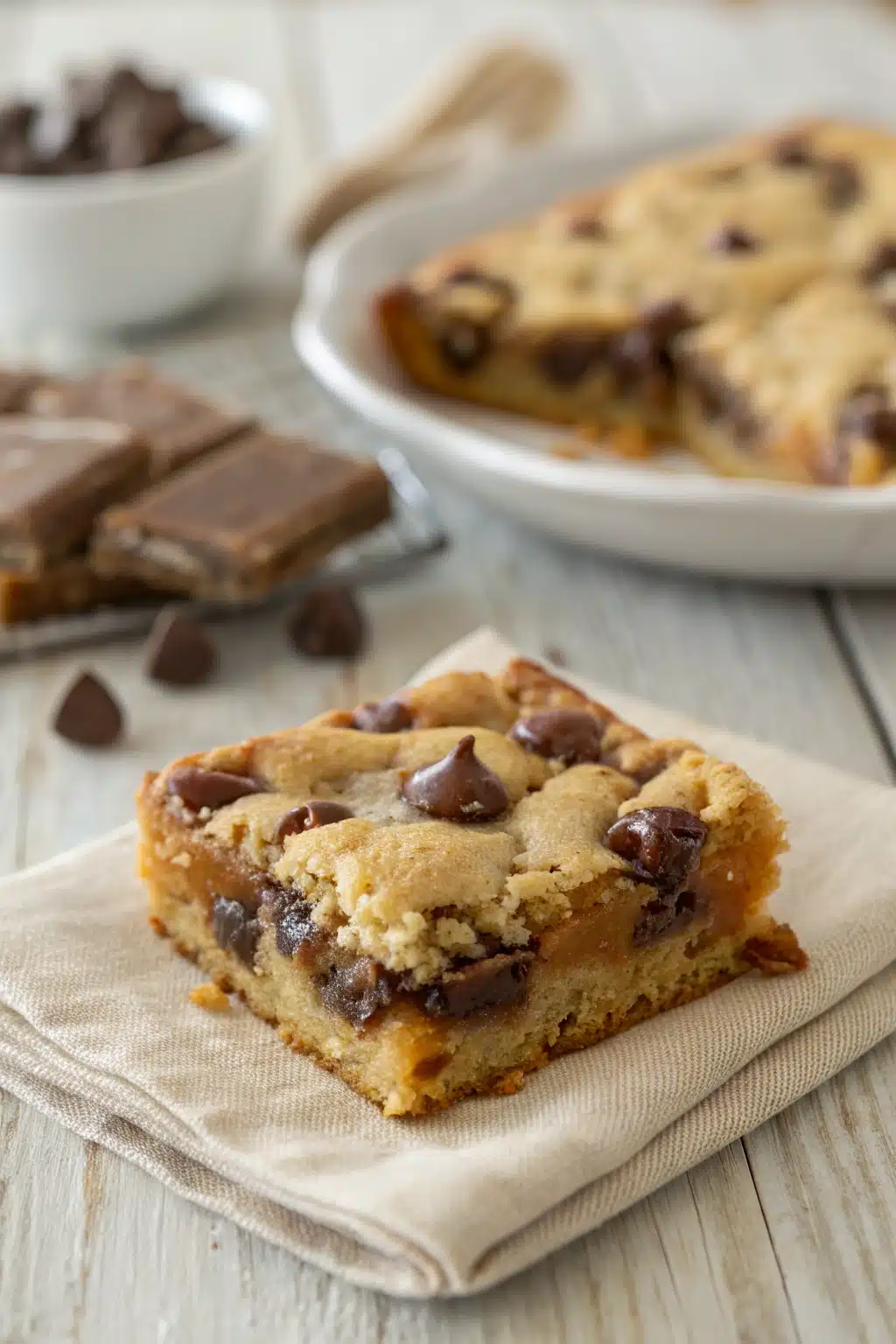 Caramel Chocolate Chip Cookie Bars slice on plate showing perfect texture and swirl pattern