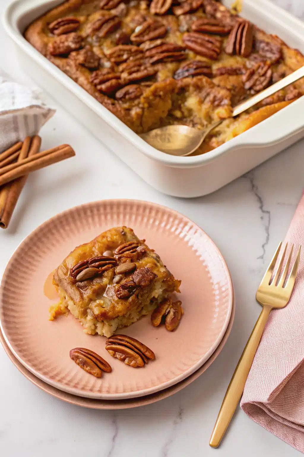 Caramel Pecan Breakfast Casserole beautifully presented from an overhead angle