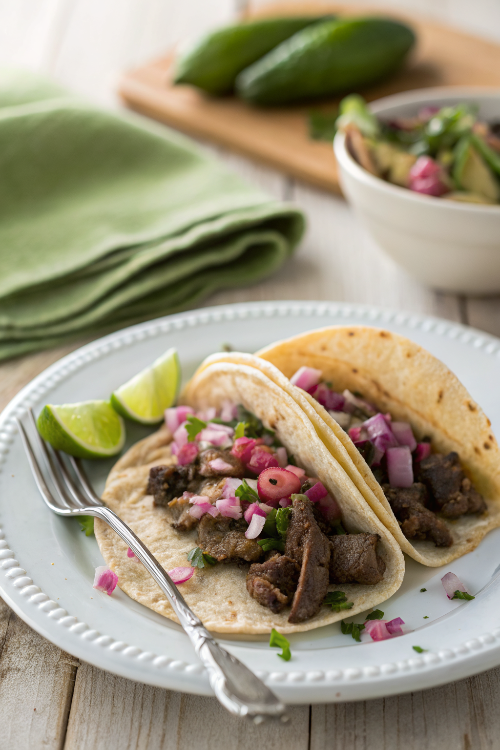 Carne Asada Tacos ingredients organized and measured on kitchen counter