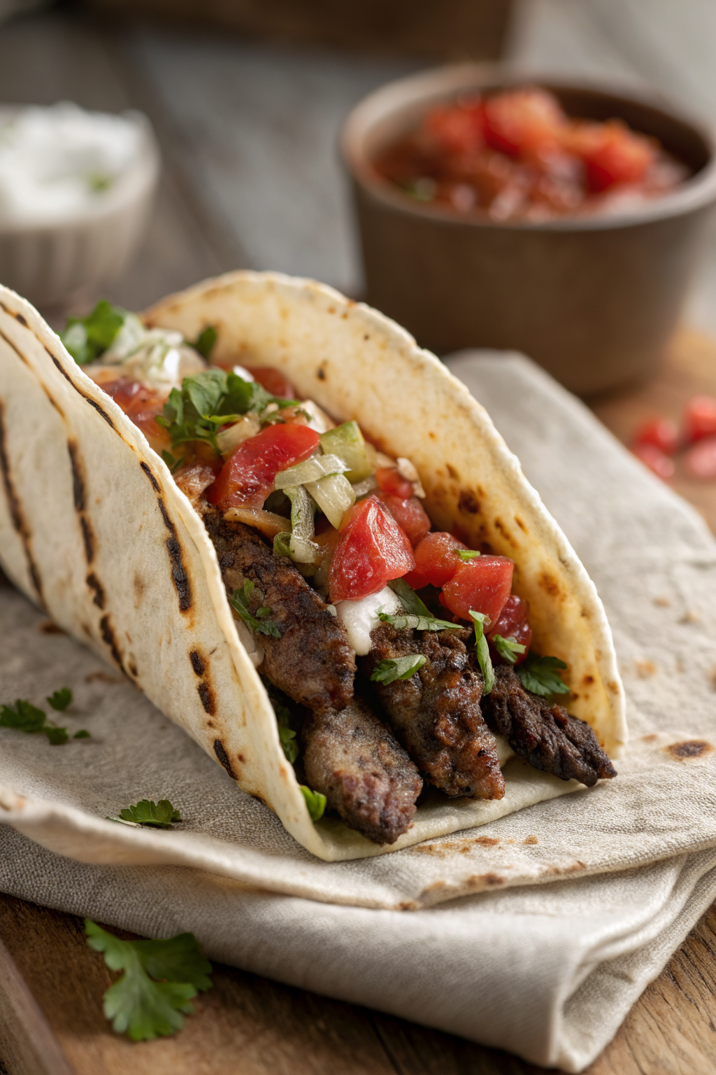 Carne Asada Tacos slice on plate showing perfect texture and swirl pattern