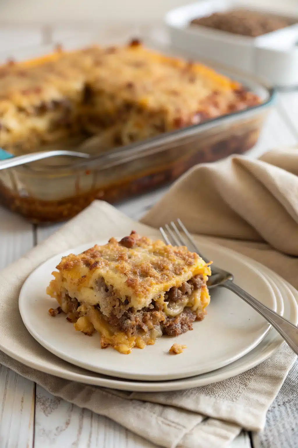 Cheeseburger Casserole Recipe ingredients organized and measured on kitchen counter