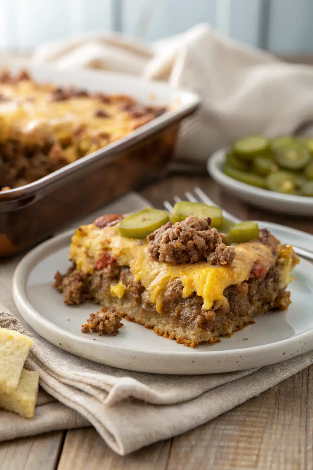 Cheeseburger Casserole Recipe slice on plate showing perfect texture and swirl pattern