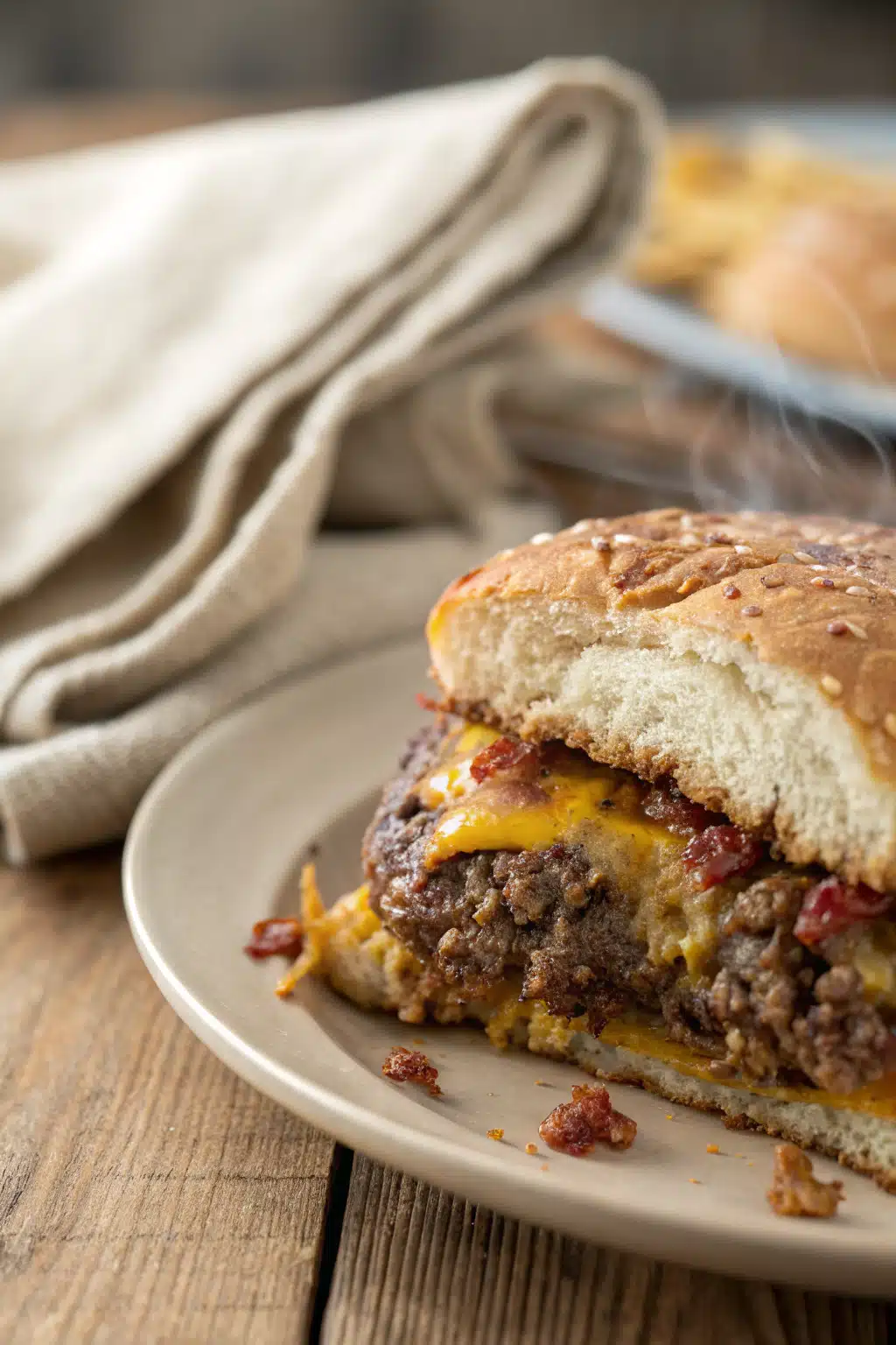 Cheeseburger Casserole slice on plate showing perfect texture and swirl pattern