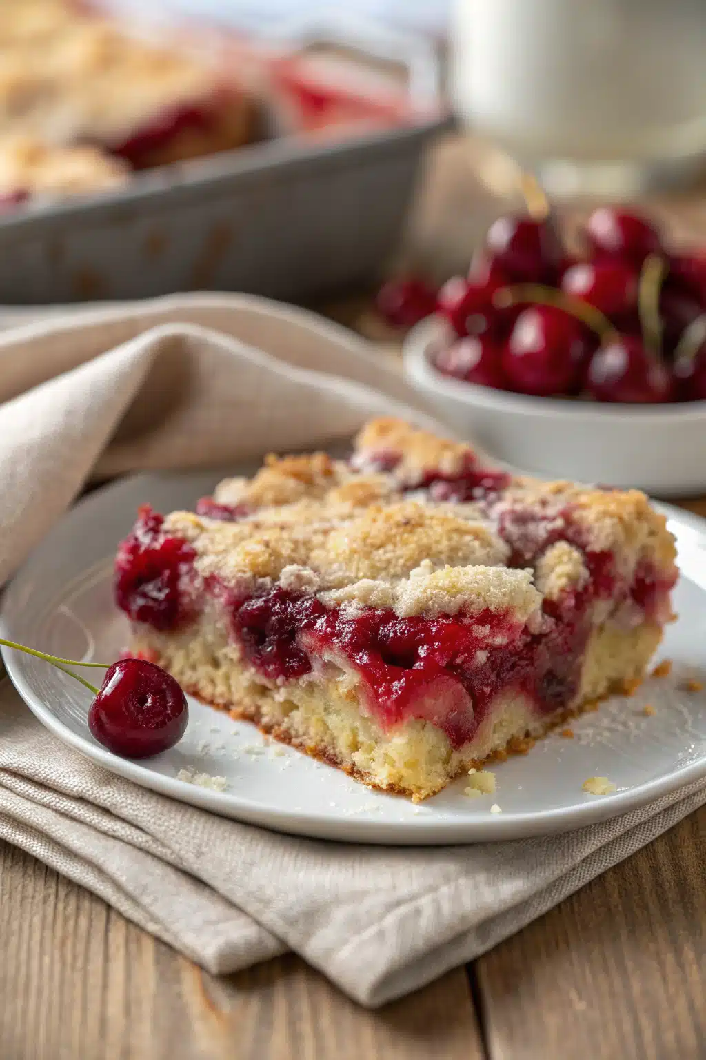 Cherry Dump Cake slice on plate showing perfect texture and swirl pattern