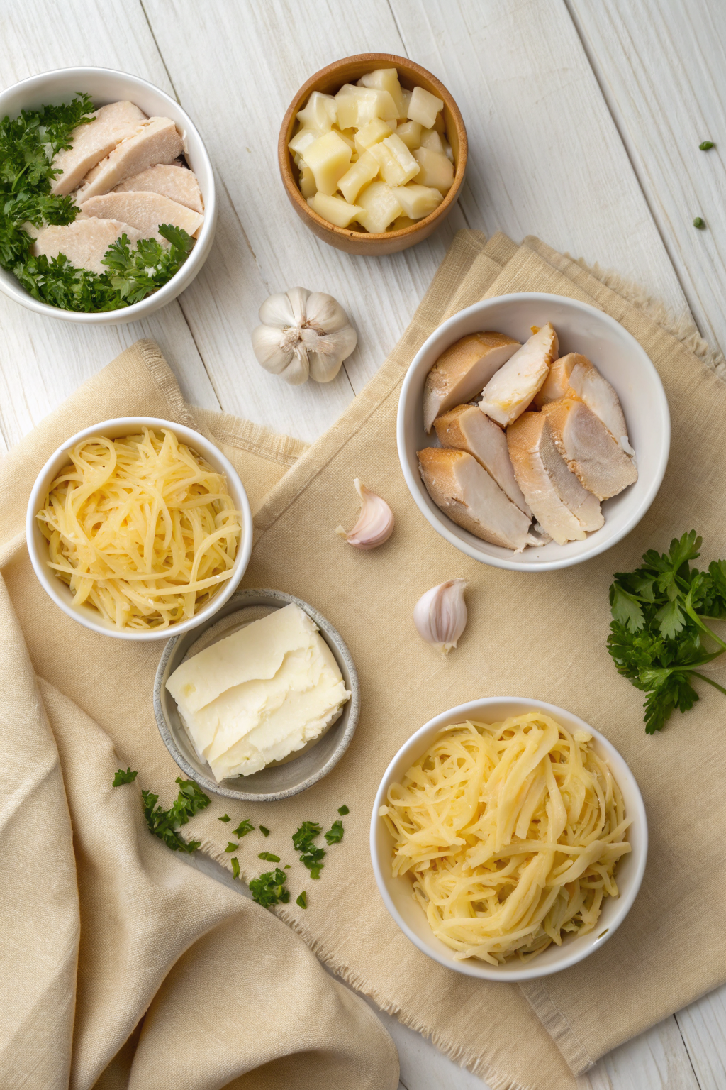 Chicken Alfredo Lasagna beautifully presented from an overhead angle
