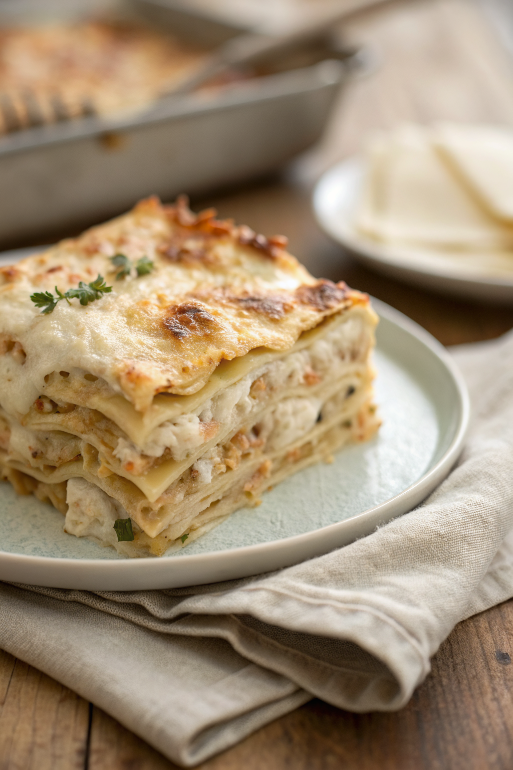 Chicken Alfredo Lasagna slice on plate showing perfect texture and swirl pattern
