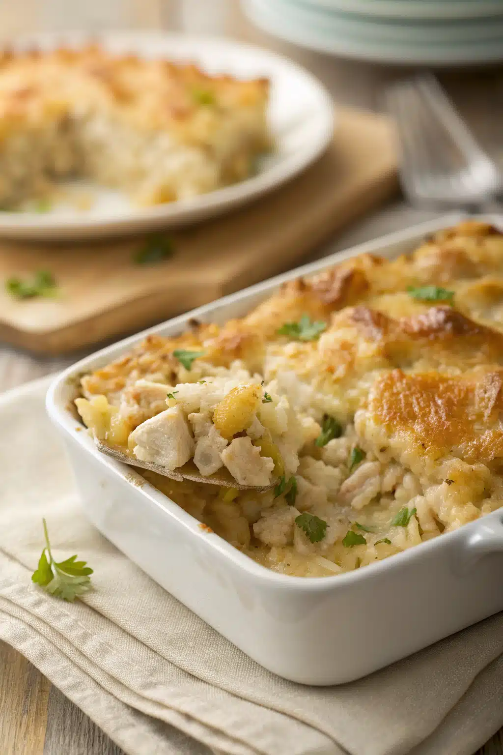 Chicken And Rice Casserole slice on plate showing perfect texture and swirl pattern