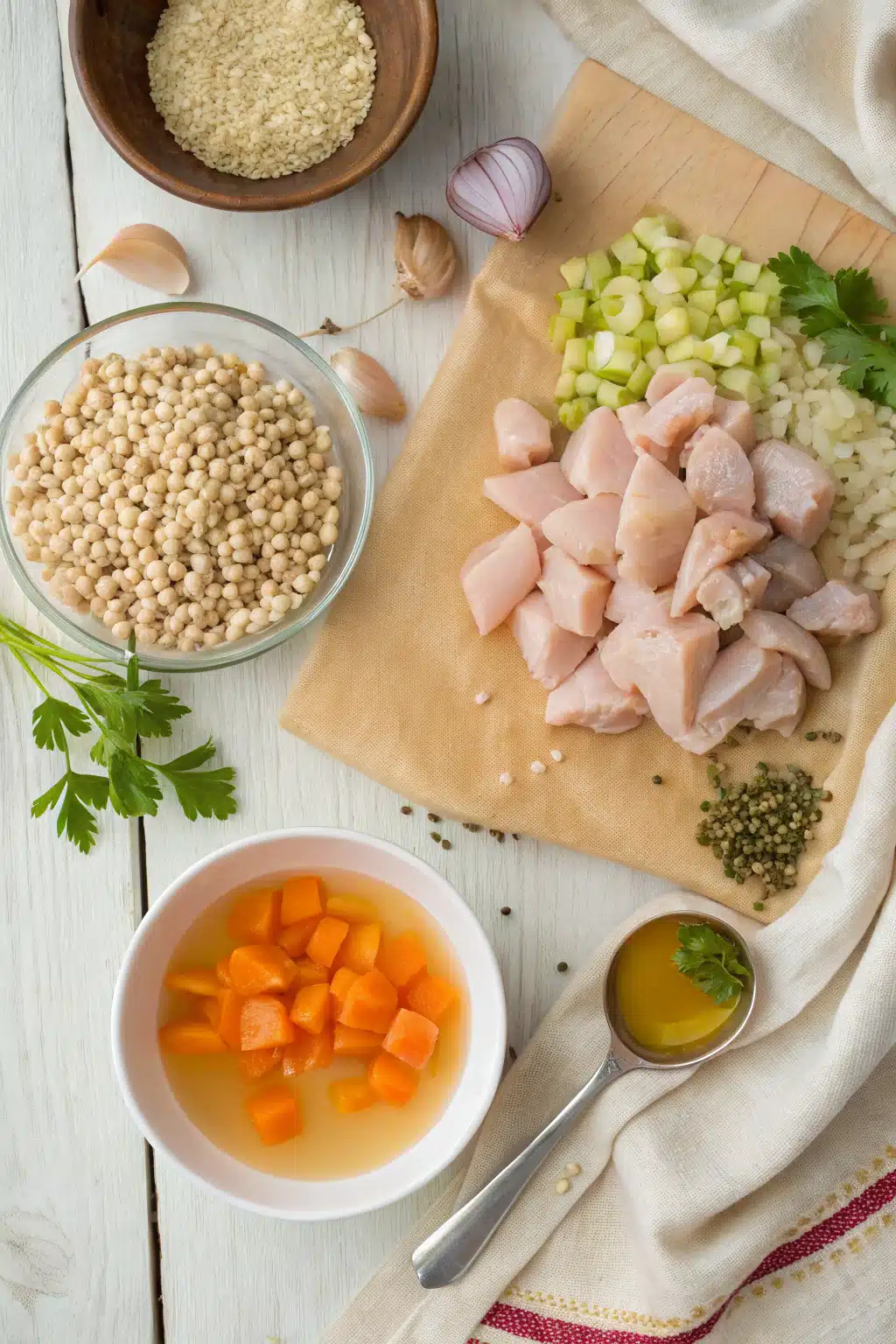 Chicken Barley Soup beautifully presented from an overhead angle