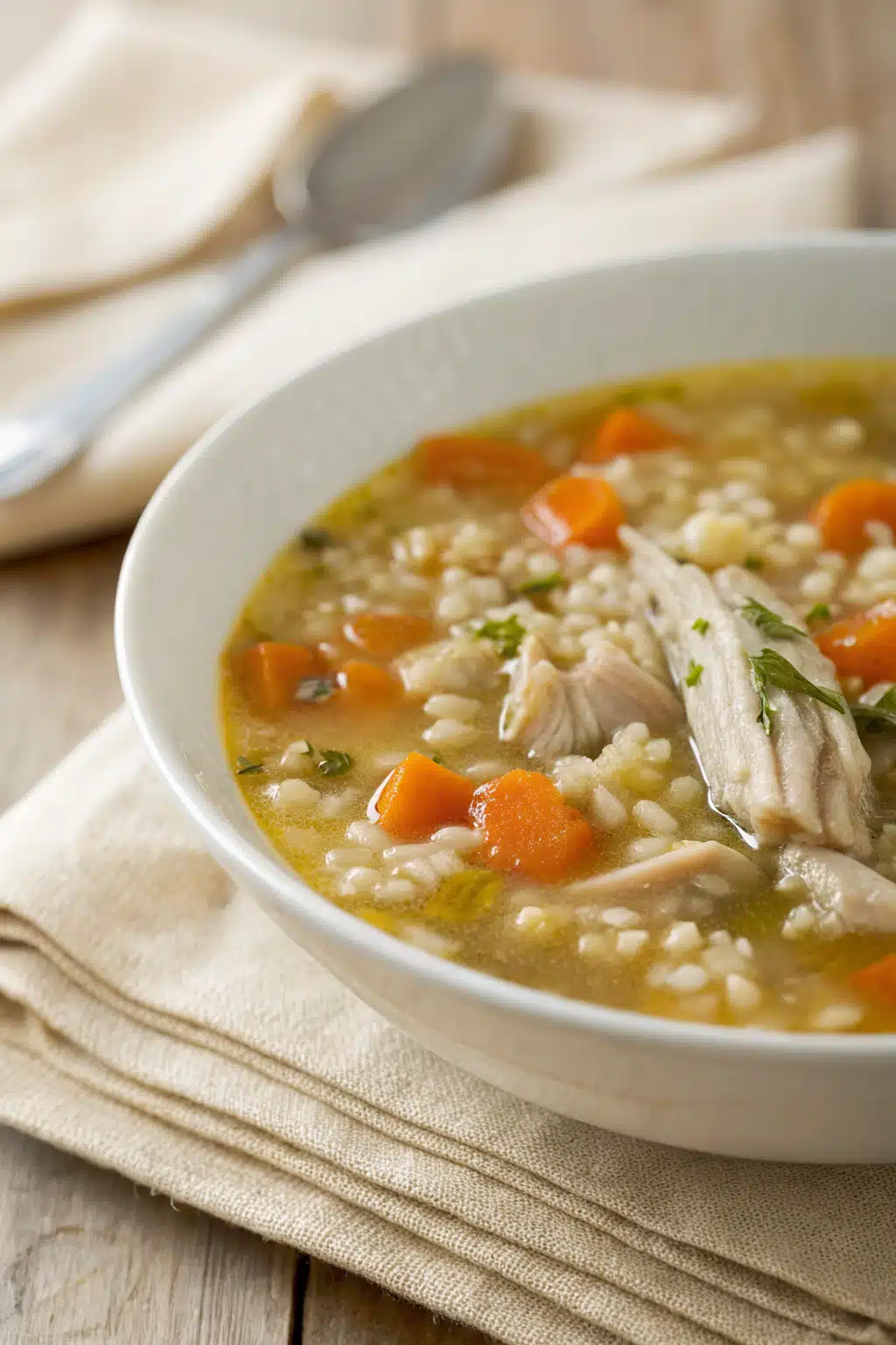 Chicken Barley Soup slice on plate showing perfect texture and swirl pattern