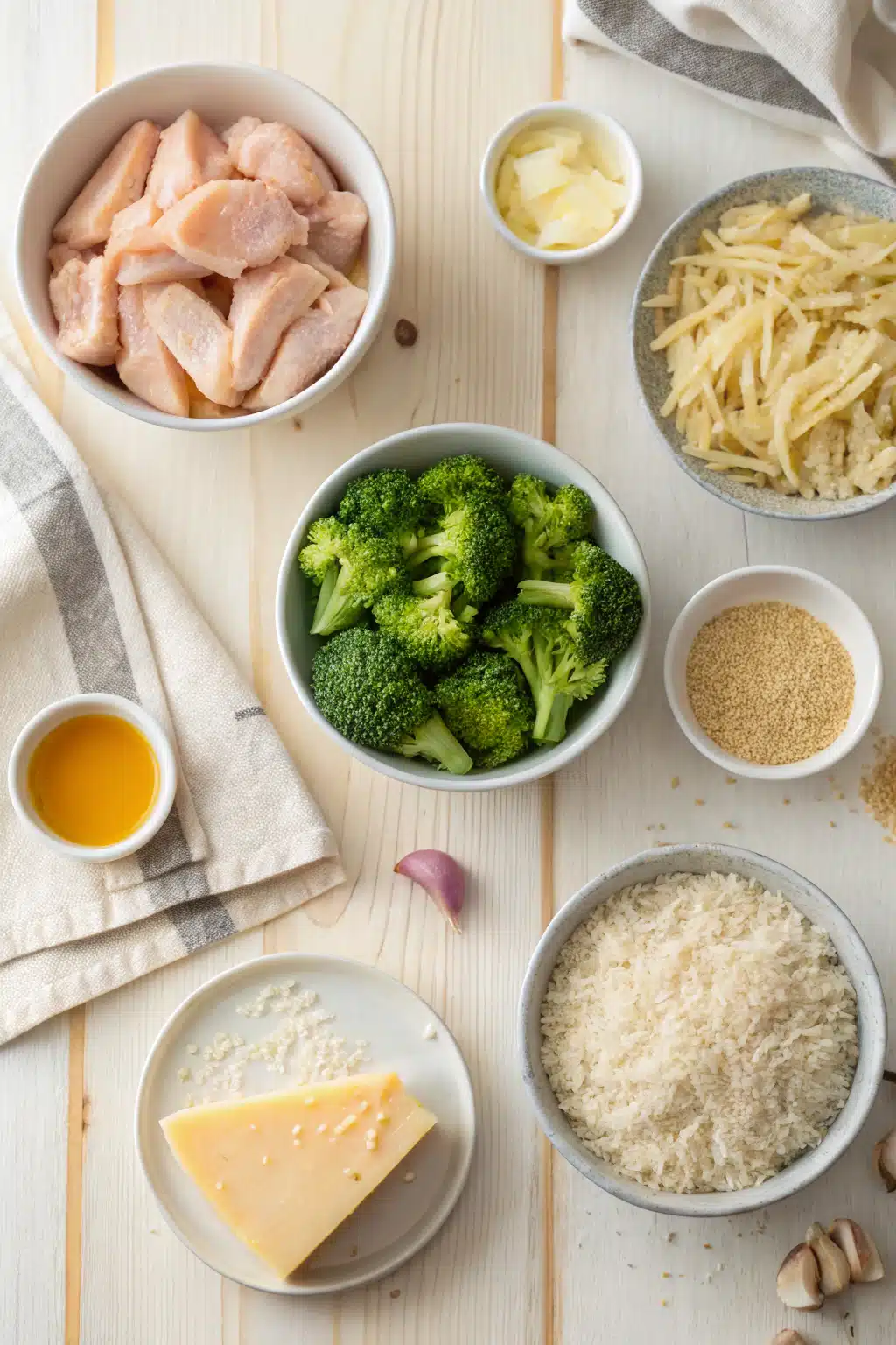 Chicken Broccoli Rice Casserole beautifully presented from an overhead angle
