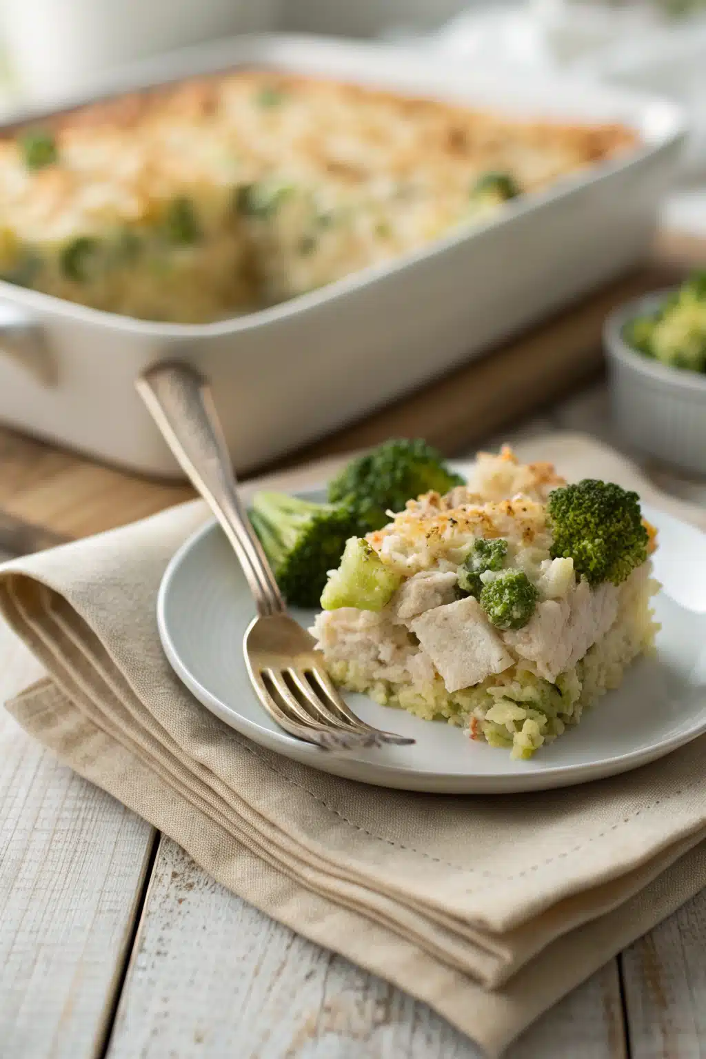 Chicken Broccoli Rice Casserole ingredients organized and measured on kitchen counter