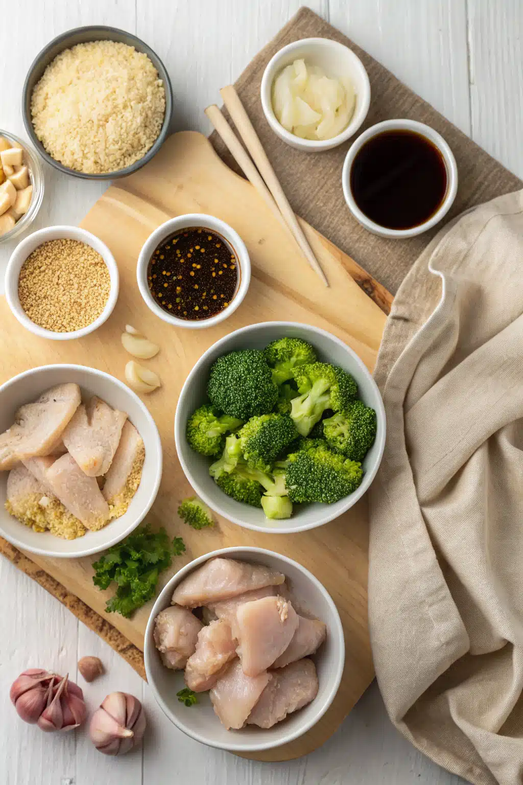 Chicken Broccoli Stir Fry beautifully presented from an overhead angle
