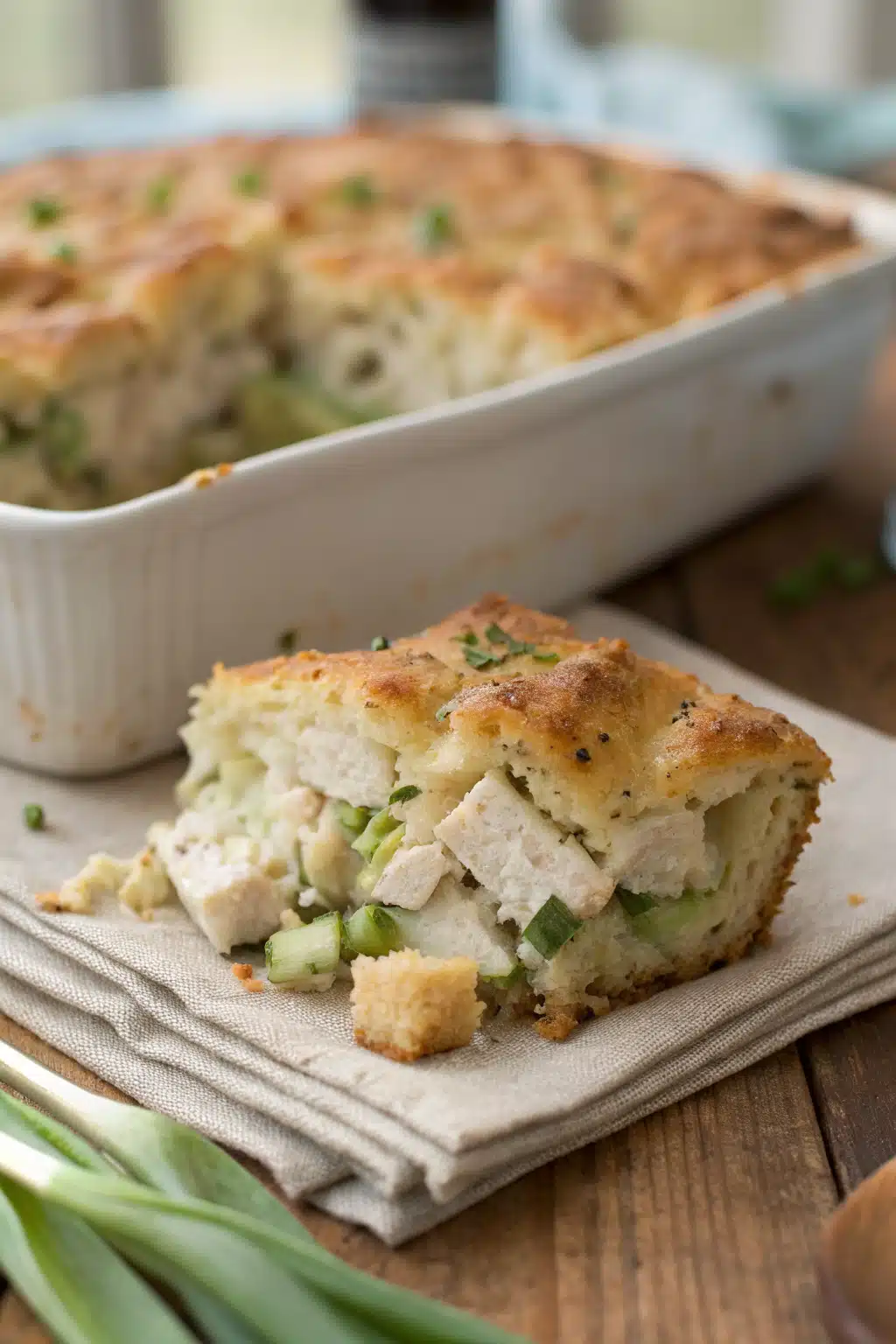 Chicken Casserole With Stuffing slice on plate showing perfect texture and swirl pattern