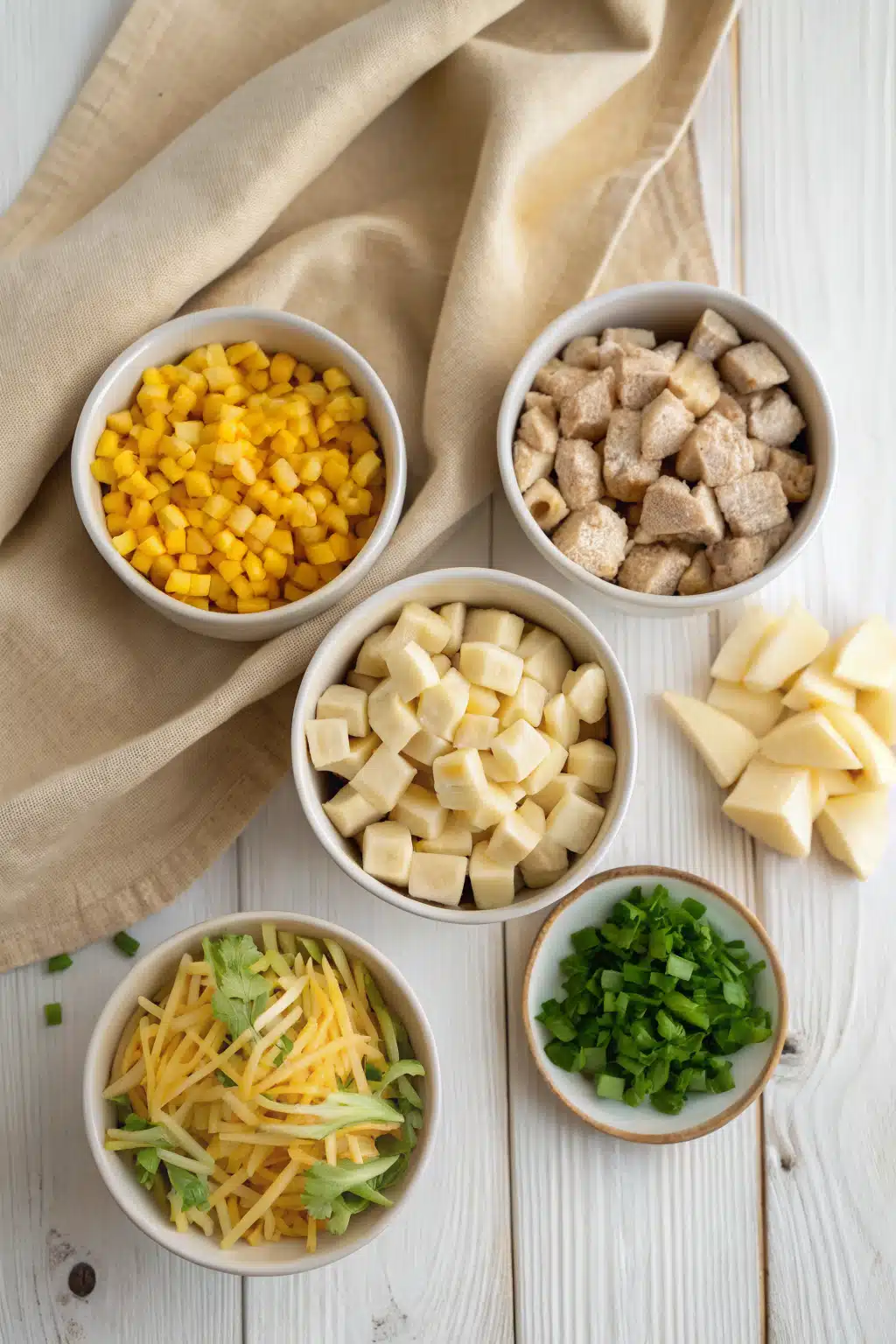 Chicken Corn Chowder beautifully presented from an overhead angle