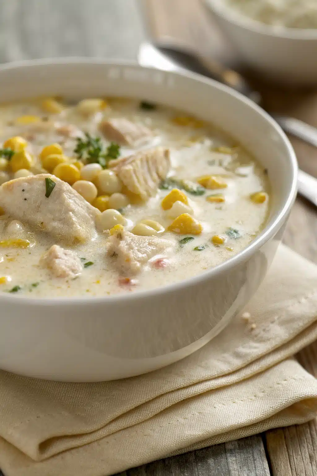 Chicken Corn Chowder slice on plate showing perfect texture and swirl pattern
