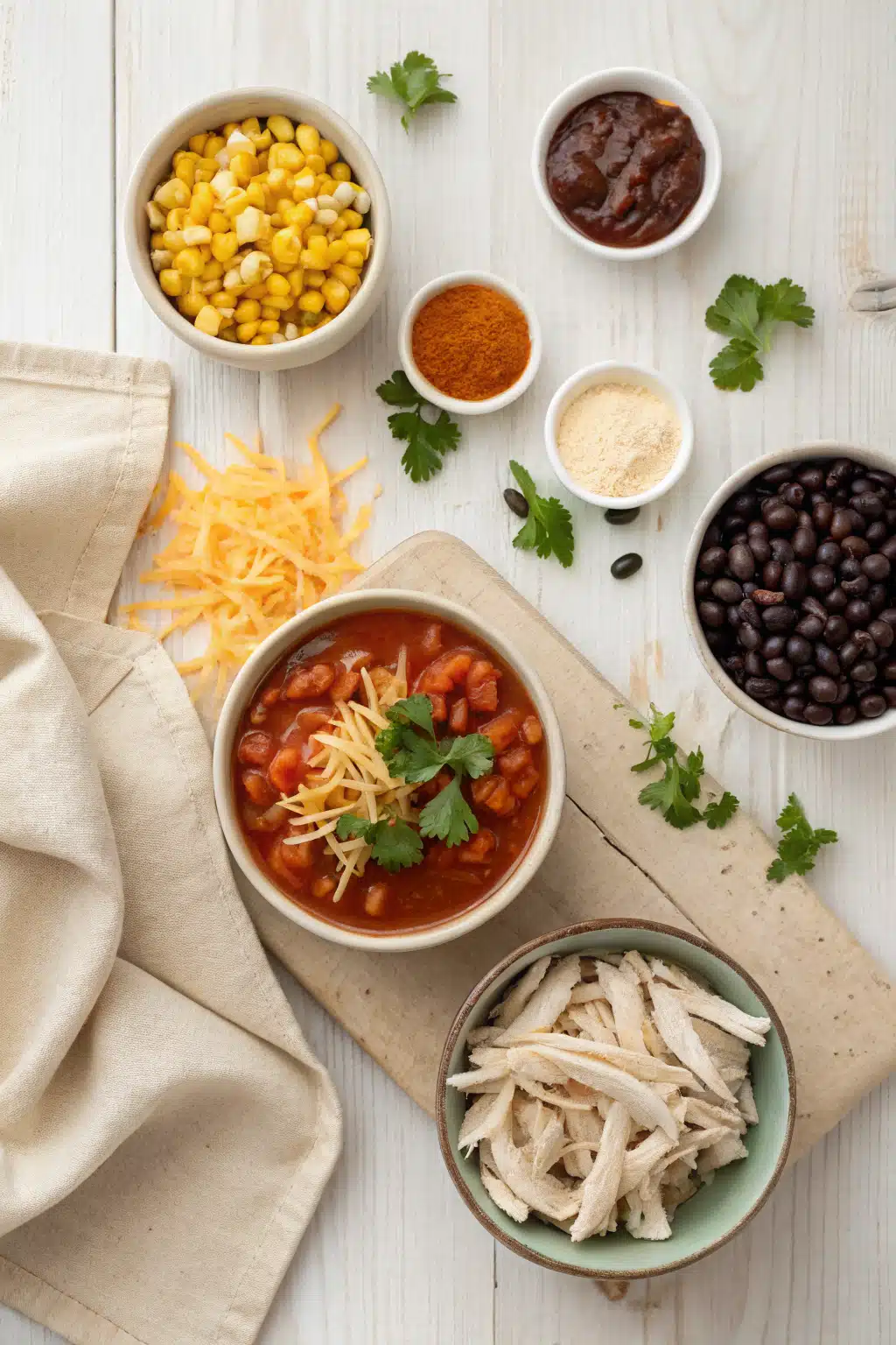 Chicken Enchilada Soup beautifully presented from an overhead angle