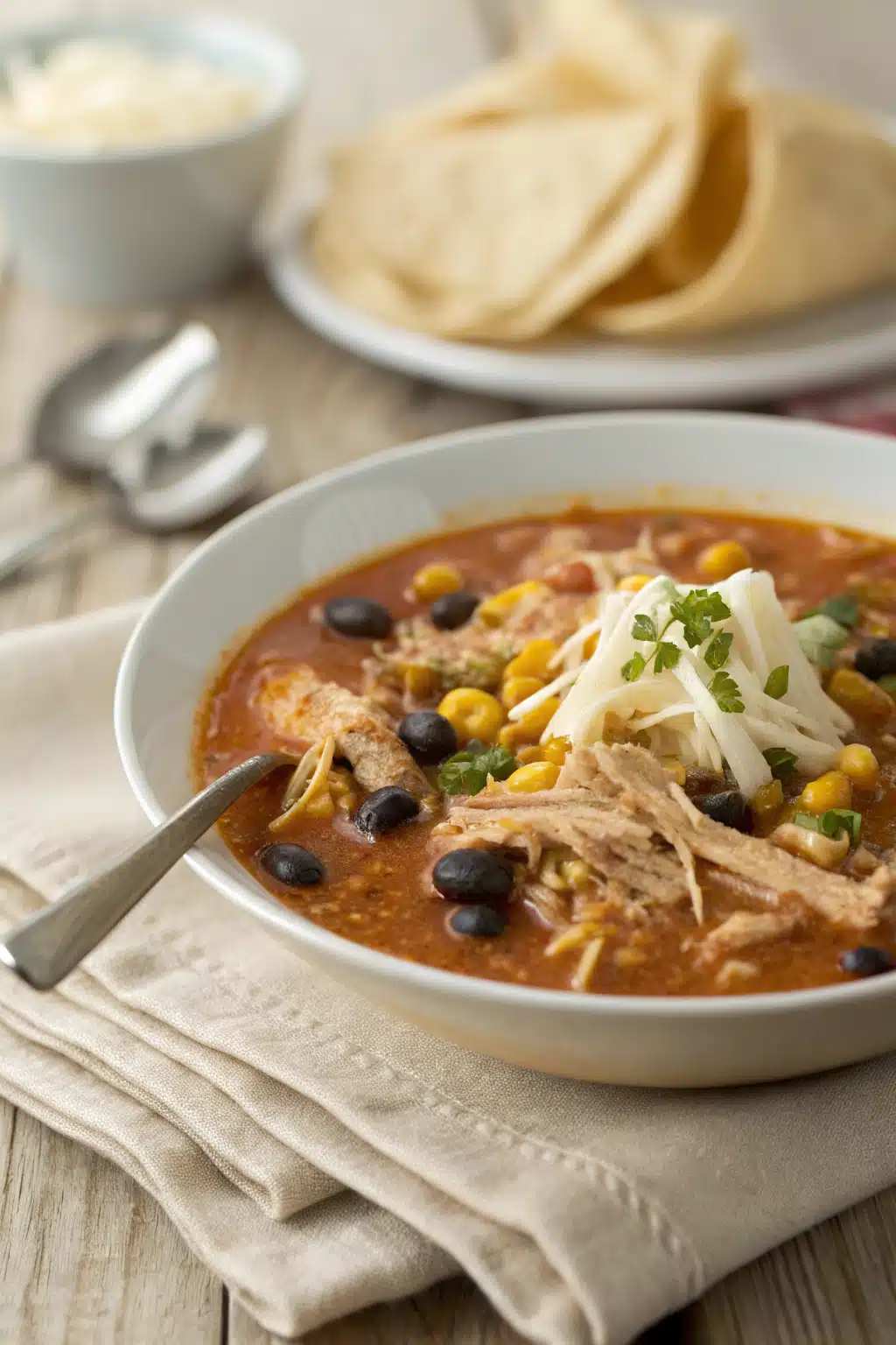 Chicken Enchilada Soup slice on plate showing perfect texture and swirl pattern