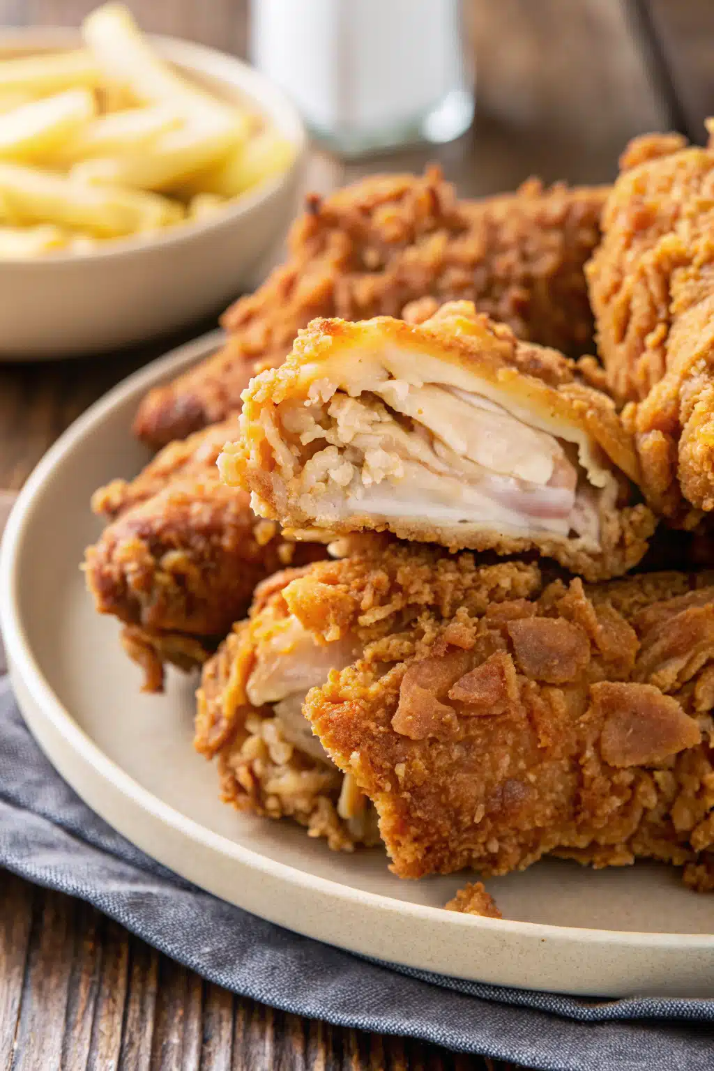 Southern Fried Chicken slice on plate showing perfect texture and swirl pattern