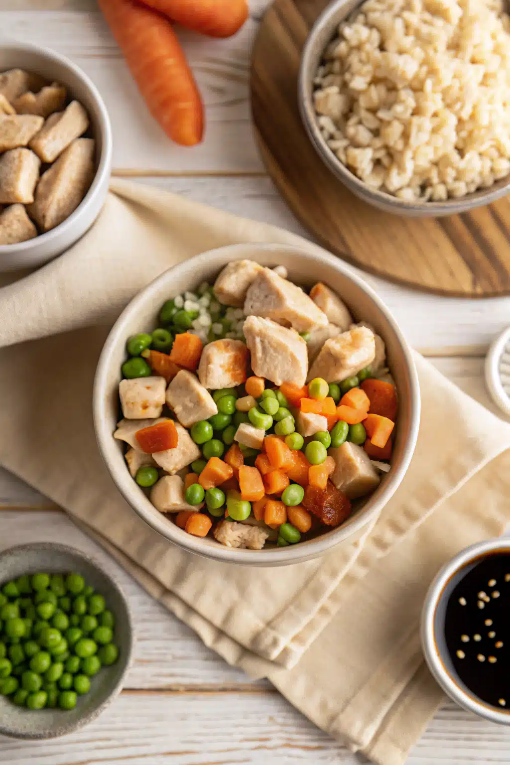 Chicken Fried Rice beautifully presented from an overhead angle