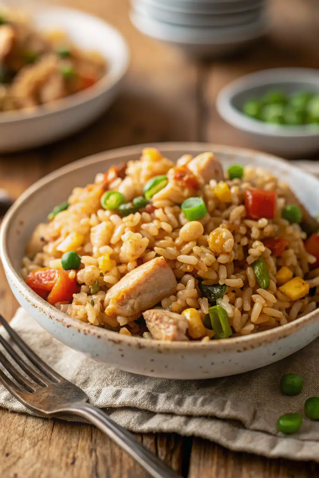 Chicken Fried Rice ingredients organized and measured on kitchen counter