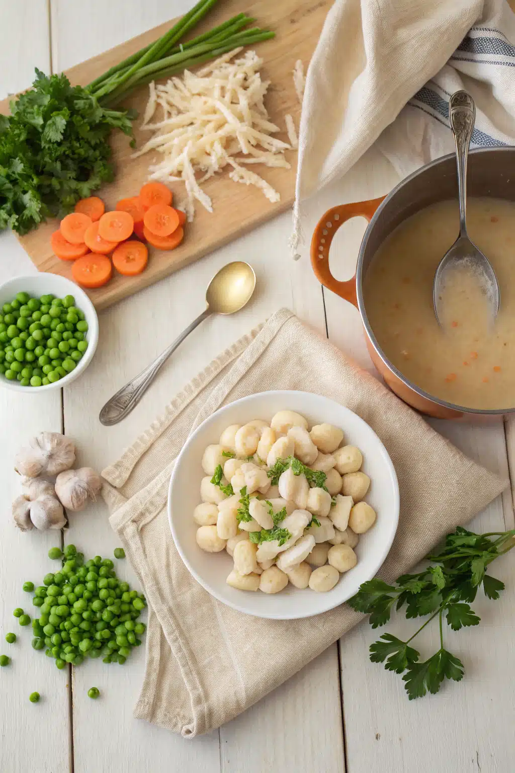 Chicken Gnocchi Soup beautifully presented from an overhead angle