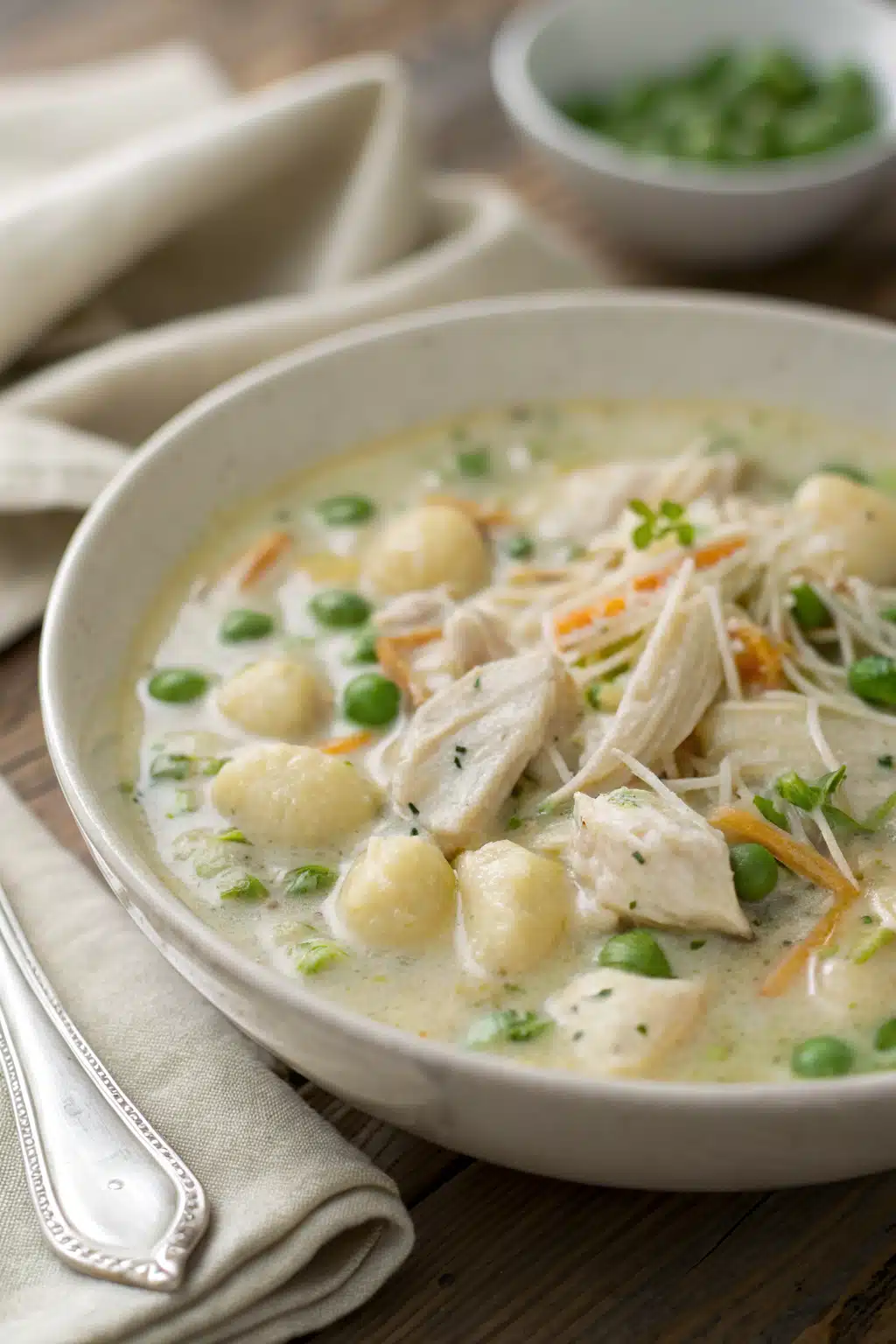 Chicken Gnocchi Soup slice on plate showing perfect texture and swirl pattern