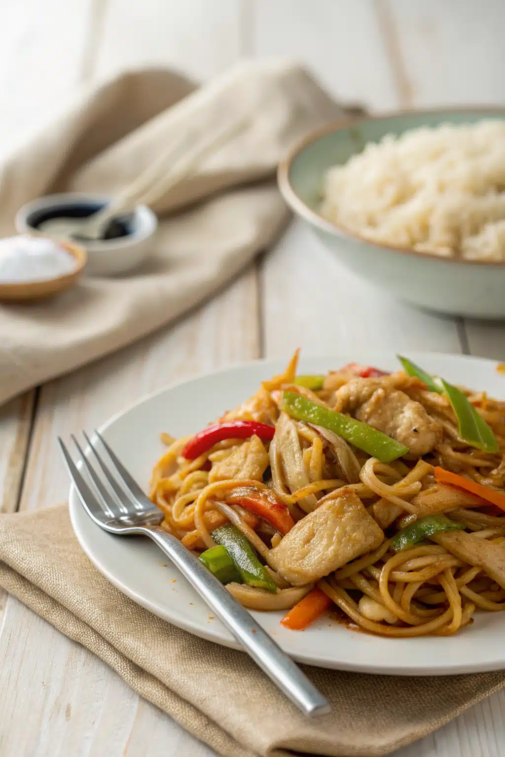 Chicken Lo Mein Recipe ingredients organized and measured on kitchen counter