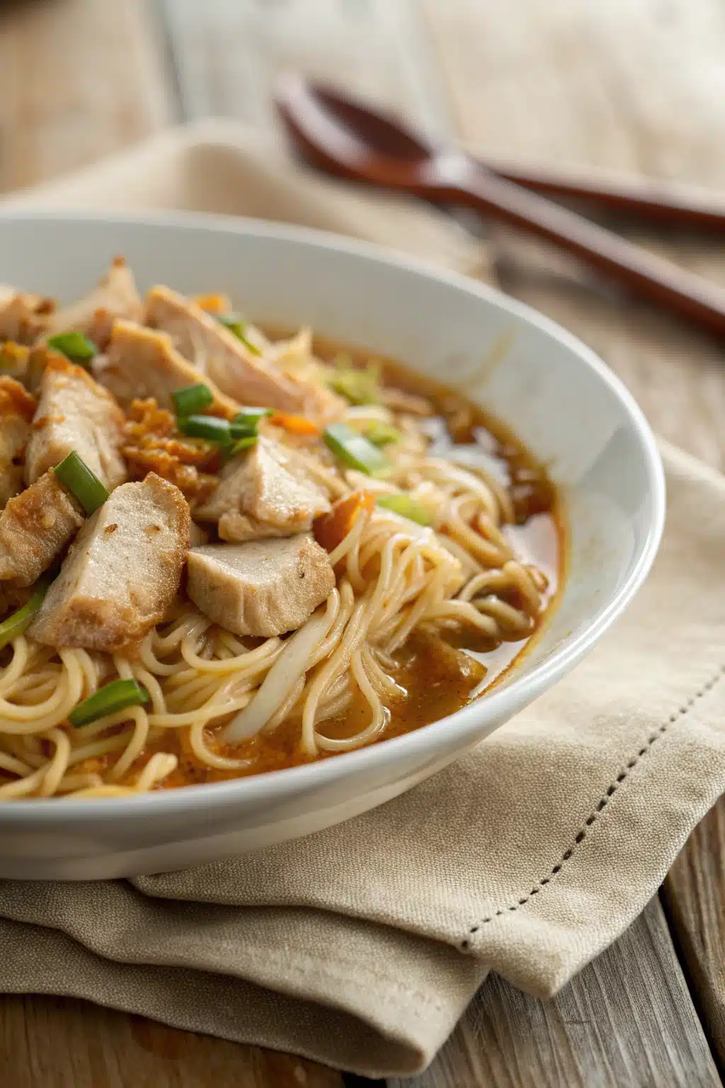 Chicken Lo Mein Recipe slice on plate showing perfect texture and swirl pattern