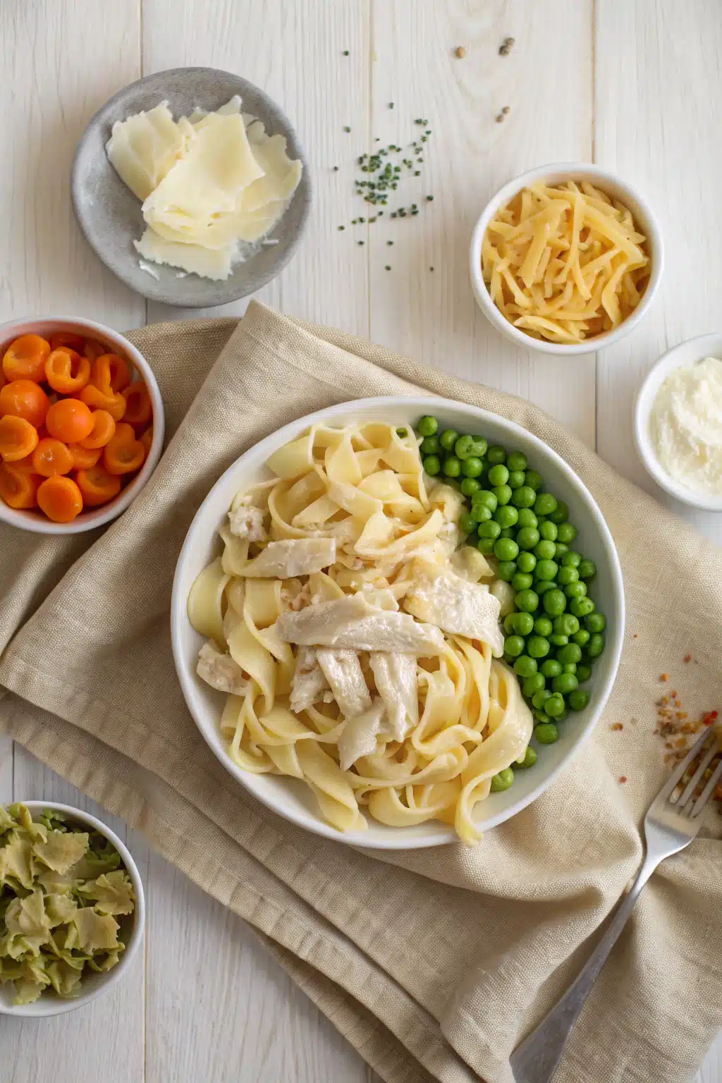 Chicken Noodle Casserole beautifully presented from an overhead angle