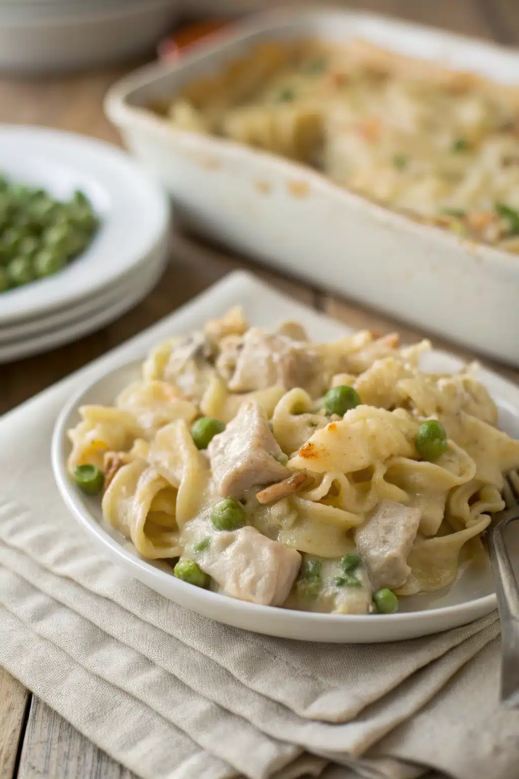 Chicken Noodle Casserole slice on plate showing perfect texture and swirl pattern