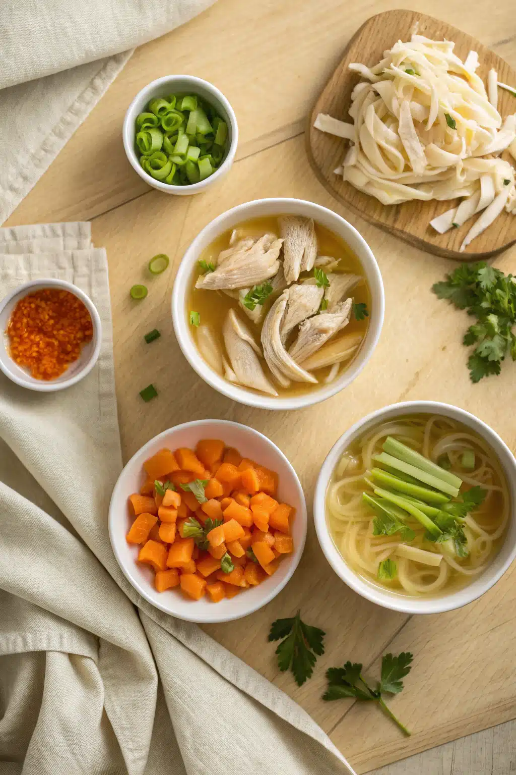 Chicken Noodle Soup beautifully presented from an overhead angle