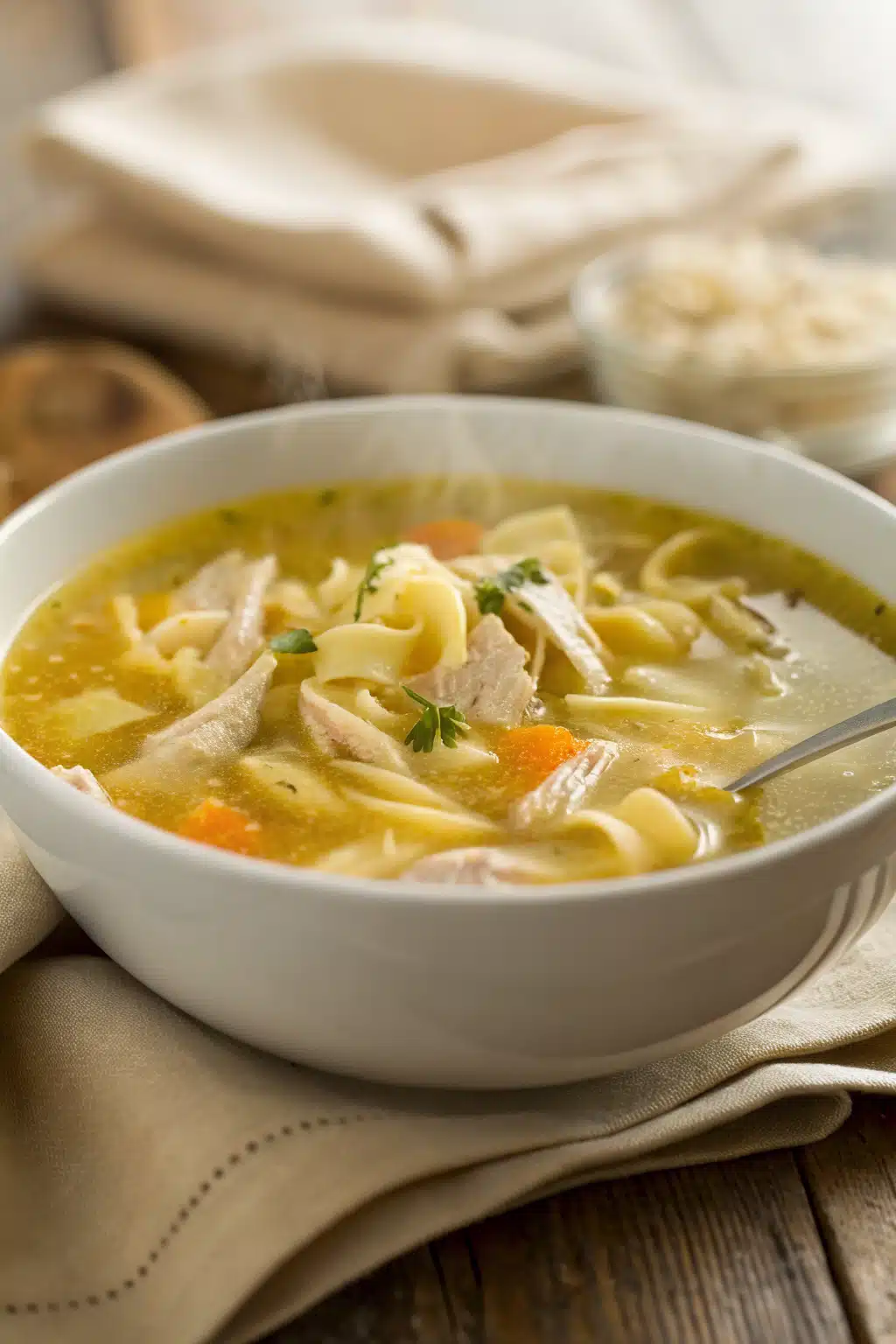 Chicken Noodle Soup slice on plate showing perfect texture and swirl pattern