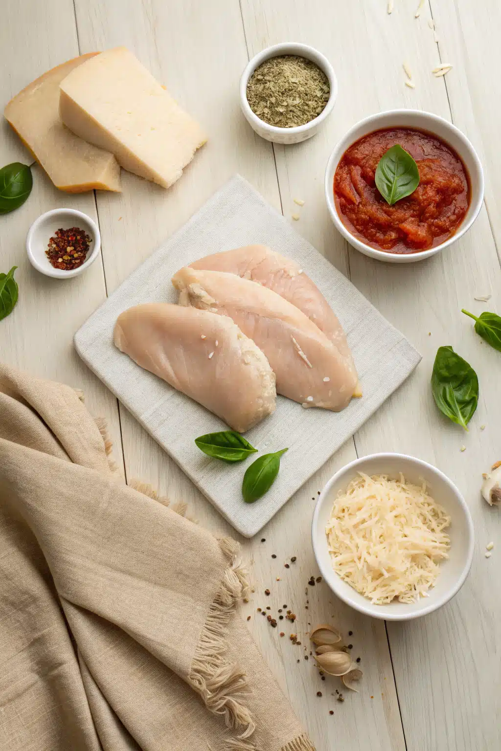 Chicken Parmesan beautifully presented from an overhead angle
