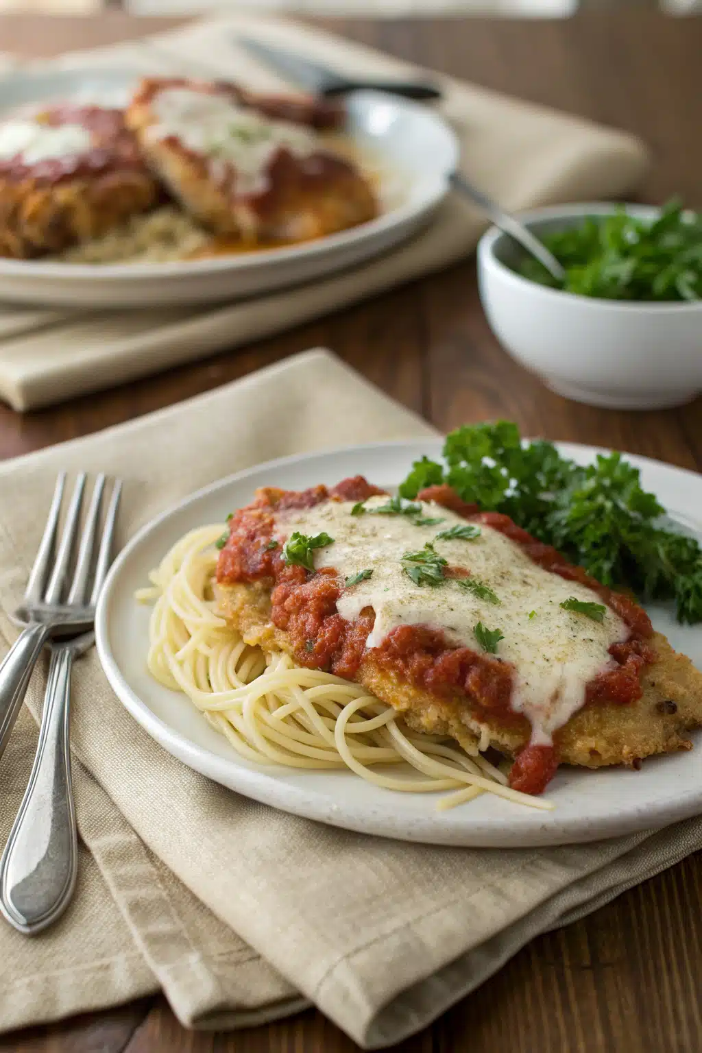Chicken Parmesan ingredients organized and measured on kitchen counter