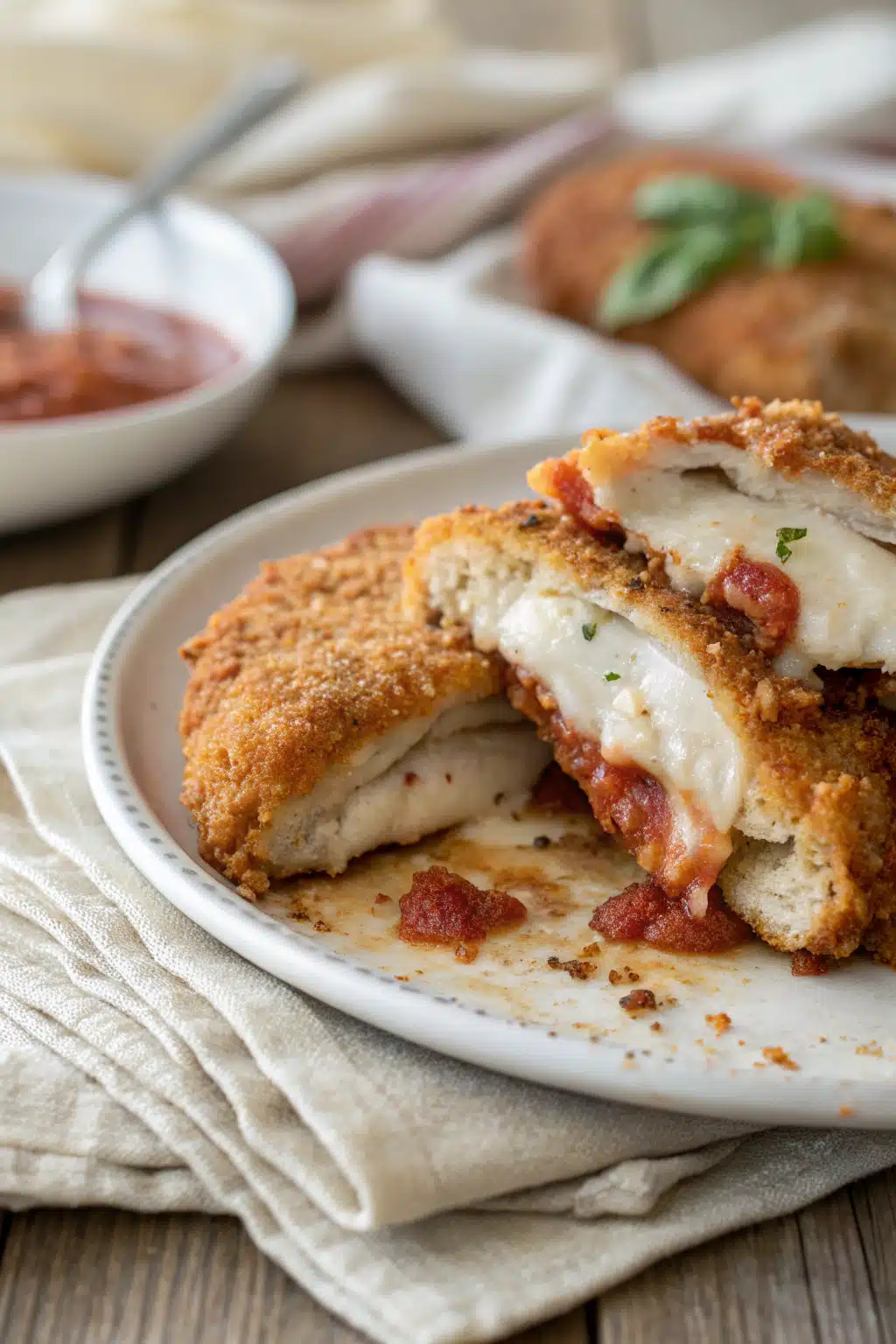Chicken Parmesan slice on plate showing perfect texture and swirl pattern