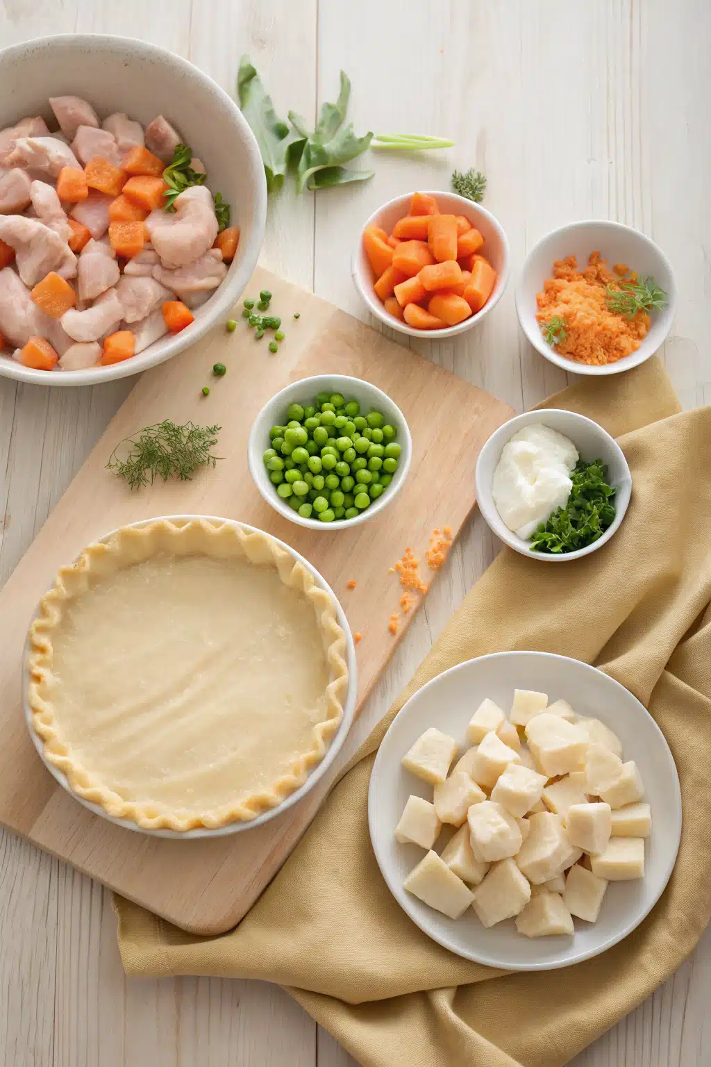 Chicken Pot Pie ingredients organized and measured on kitchen counter