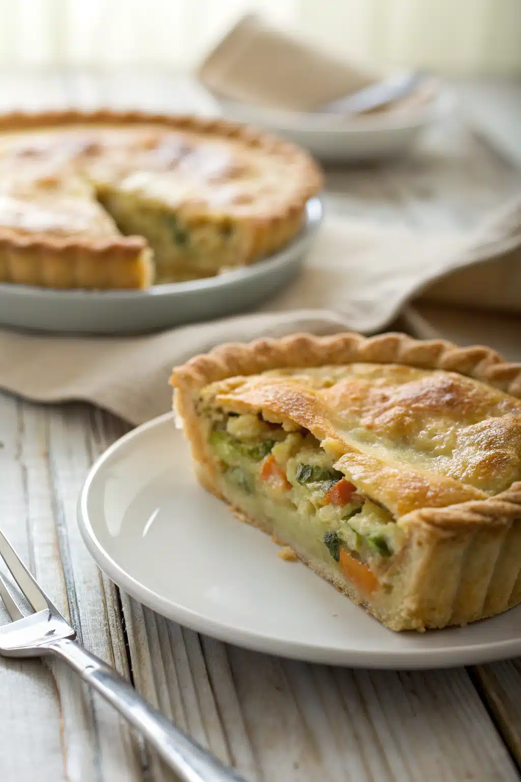 Chicken Pot Pie preparation step showing vegetables and chicken in a skillet