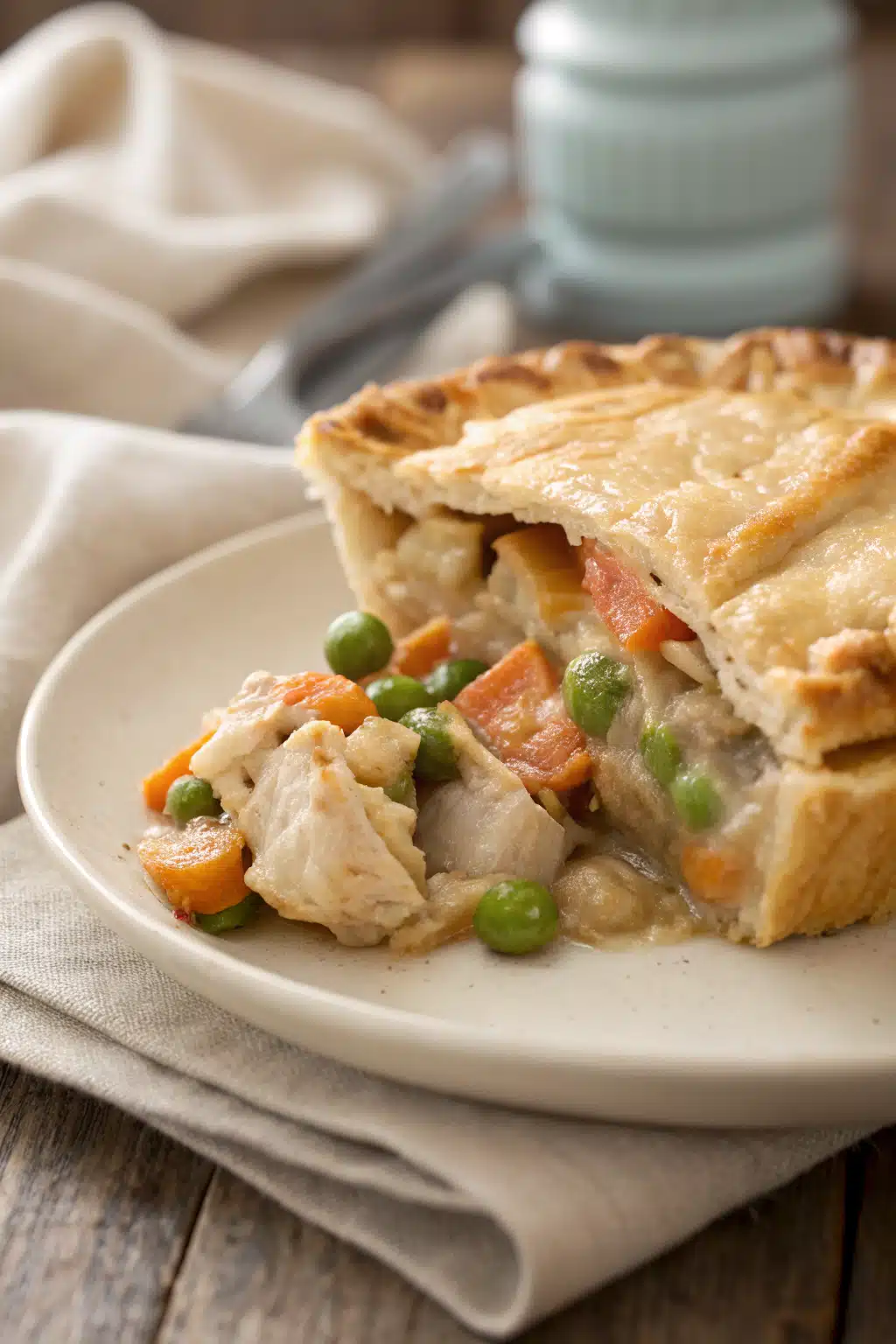 Chicken Pot Pie slice on plate showing perfect texture and swirl pattern