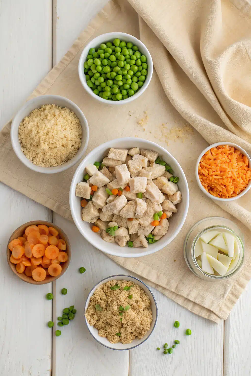 Chicken Pot Pie Soup beautifully presented from an overhead angle