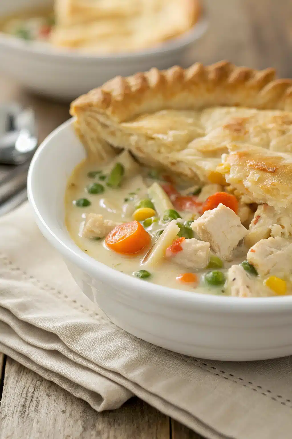 Chicken Pot Pie Soup slice on plate showing perfect texture and swirl pattern
