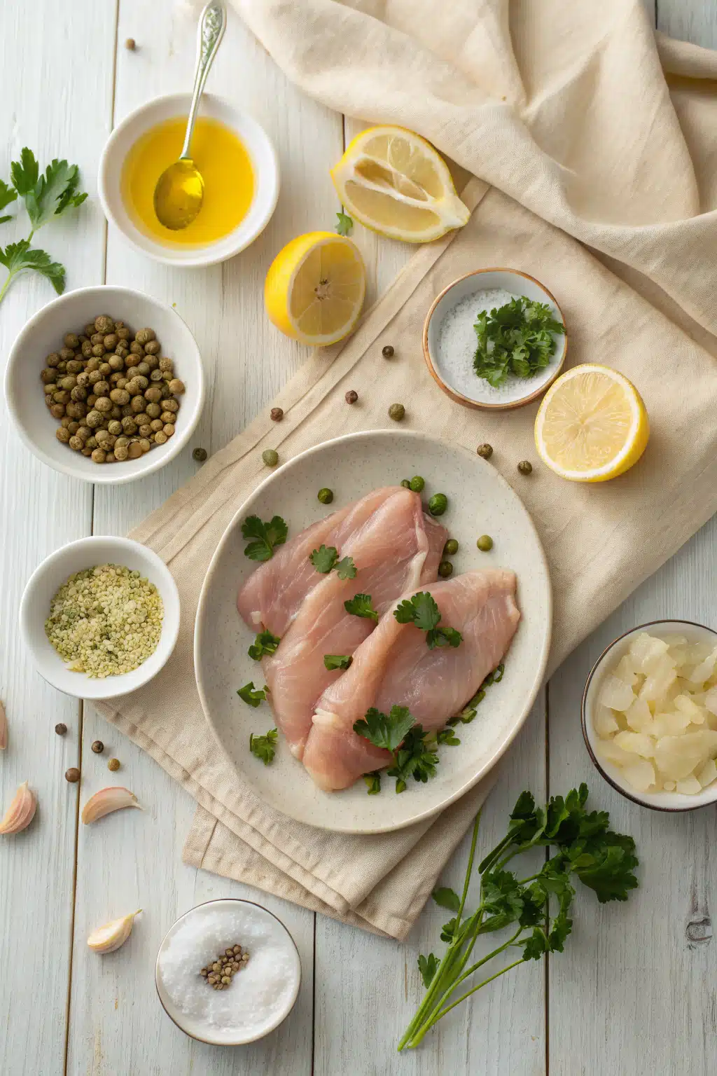Chicken Scallopini beautifully presented from an overhead angle