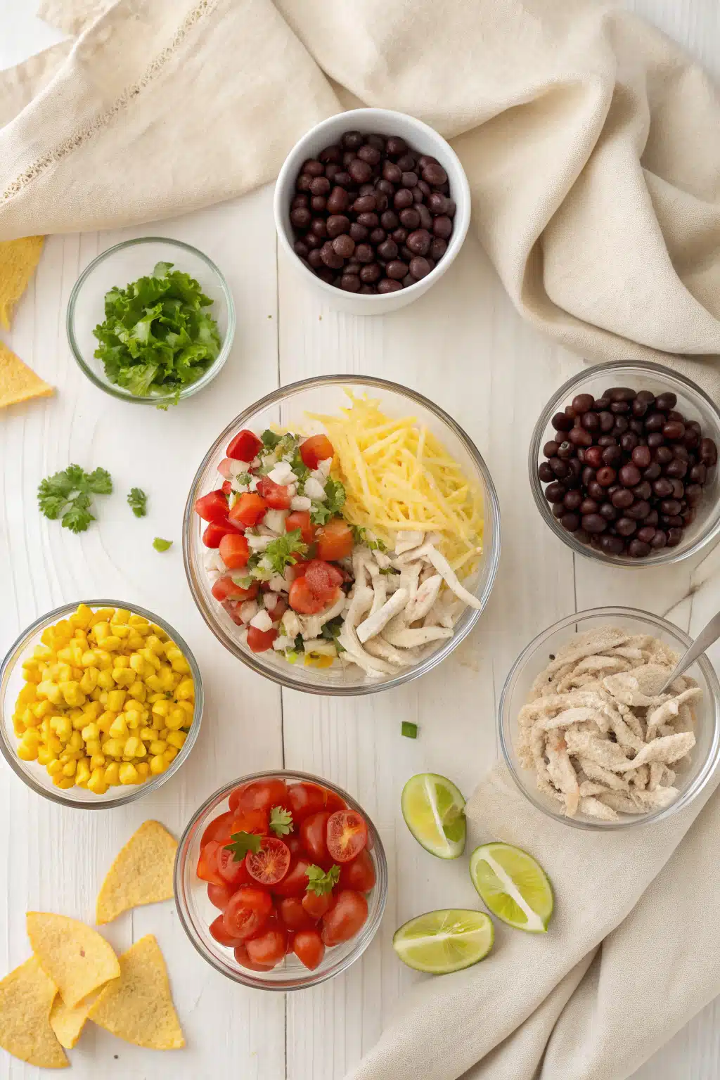 Chicken Taco Soup beautifully presented from an overhead angle