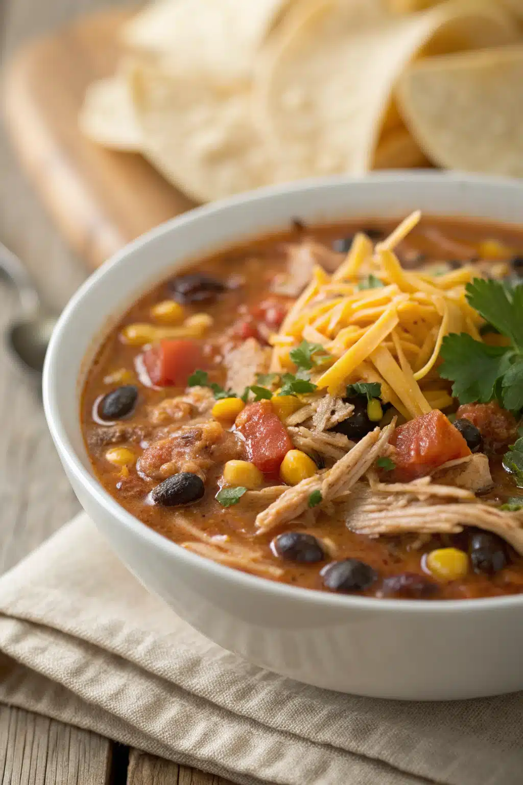 Chicken Taco Soup slice on plate showing perfect texture and swirl pattern