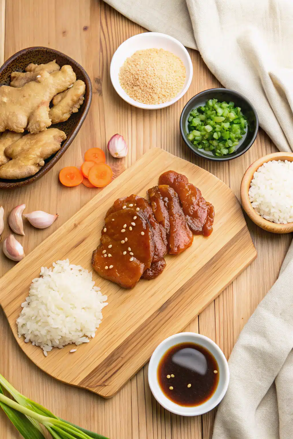 Chicken Teriyaki beautifully presented from an overhead angle