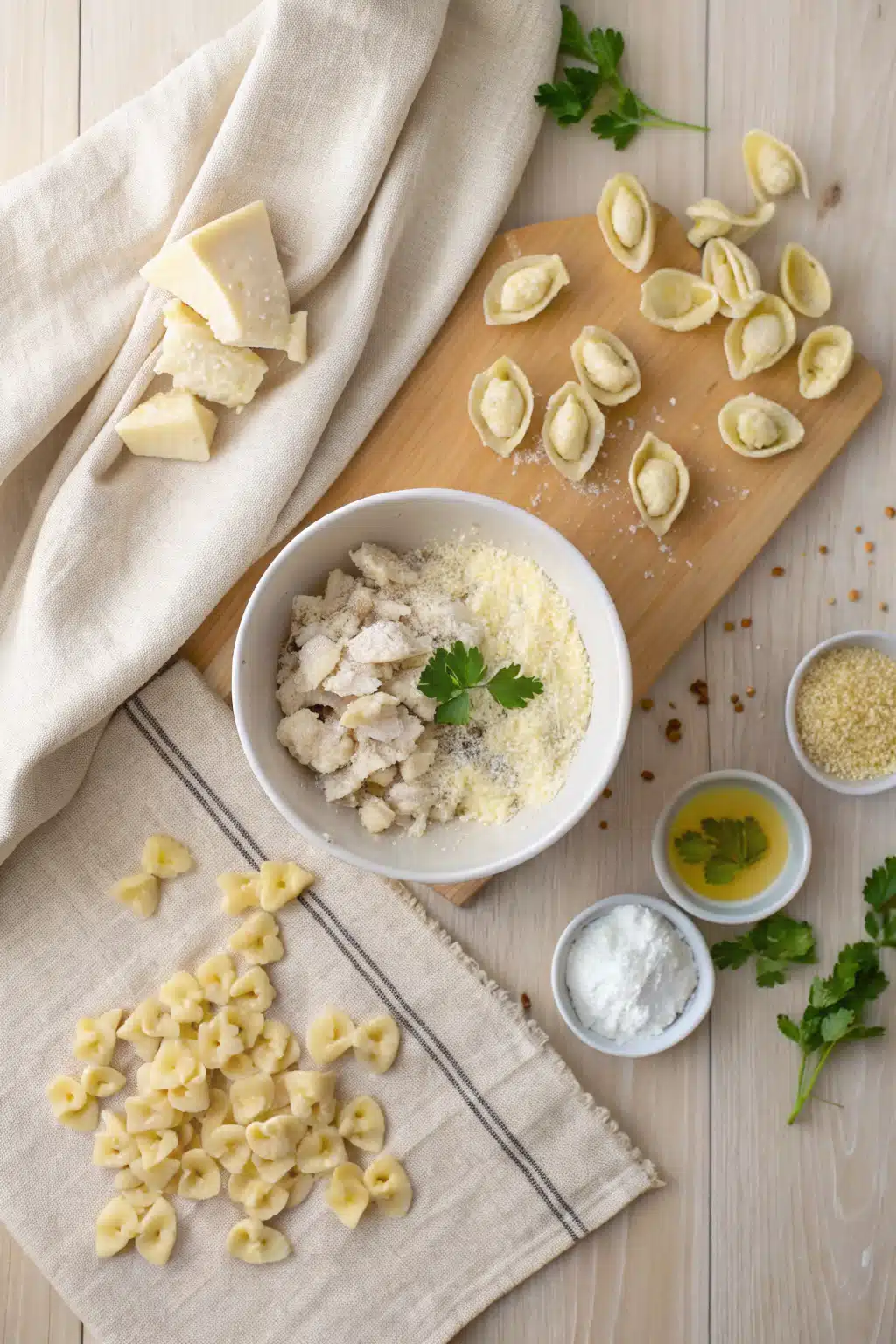 Chicken Tortellini Alfredo beautifully presented from an overhead angle