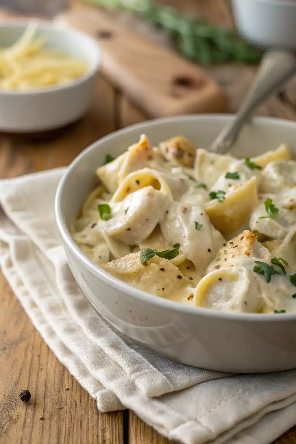 Chicken Tortellini Alfredo slice on plate showing perfect texture and swirl pattern